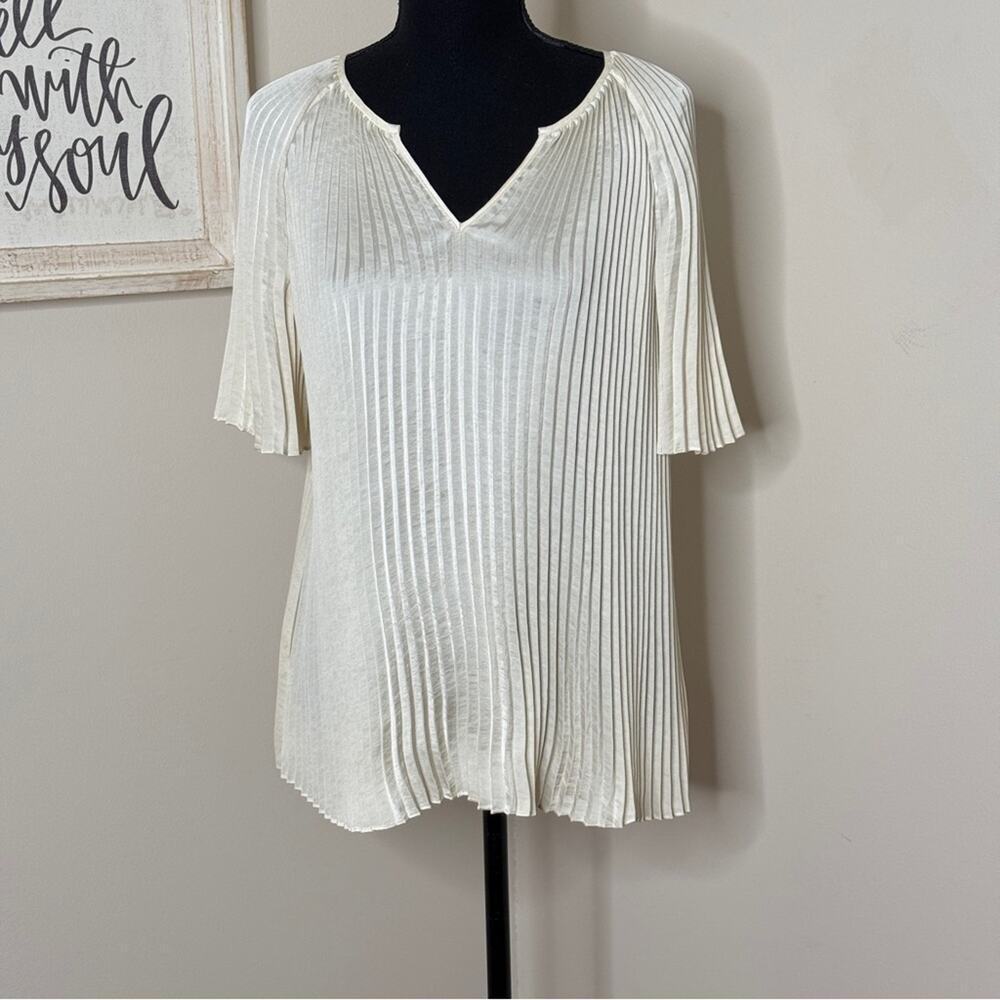 Talbots Pleated Satin Blouse Split V-Neck Short Sleeve Ivory Size 16P